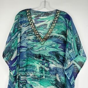 Sexy Muumuu Beach Kaftan Coverup • Blue Green Ocean Print Beaded V-Neck OS